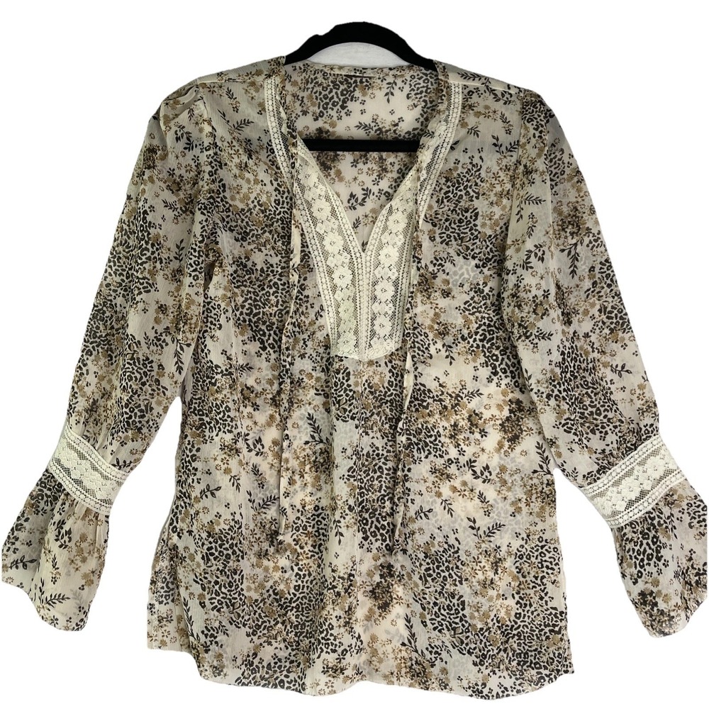 Peasant Popover Lace Trim Ditsy Floral Print Long Sleeve Semi-Sheer Blouse Top S